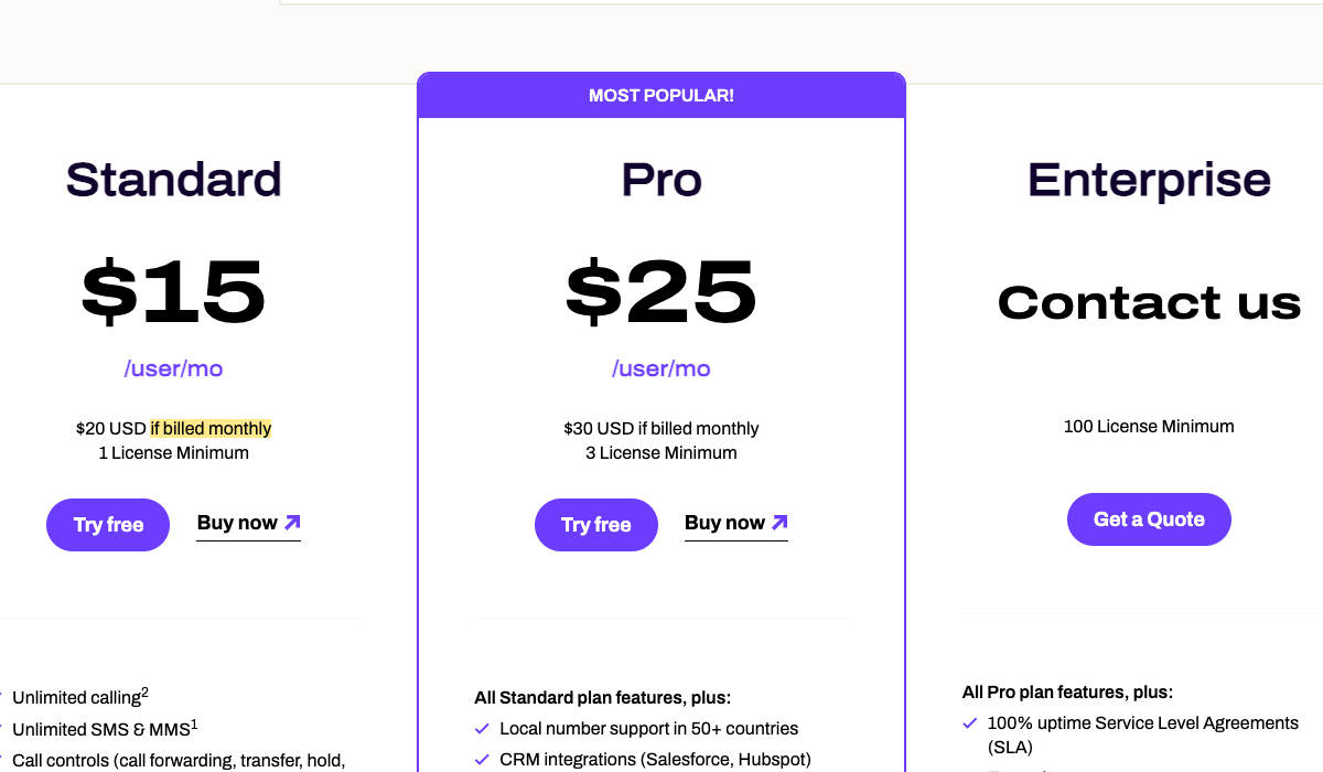 Dialpad pricing in May 2022: Standard $20 if billed monthly, with unlimited SMS and MMS.