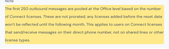 Dialpad help: the first 250 outbound messages apply to users on their direct phone number, not on shared lines.