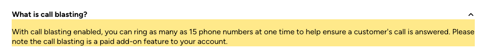 Grasshopper FAQ: “Please note the call blasting is a paid add-on feature to your account.”