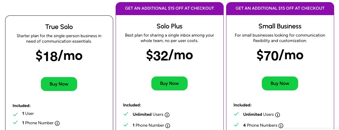 Grasshopper pricing, billed monthly: True Solo $18, Solo Plus $32, Small Business $70.