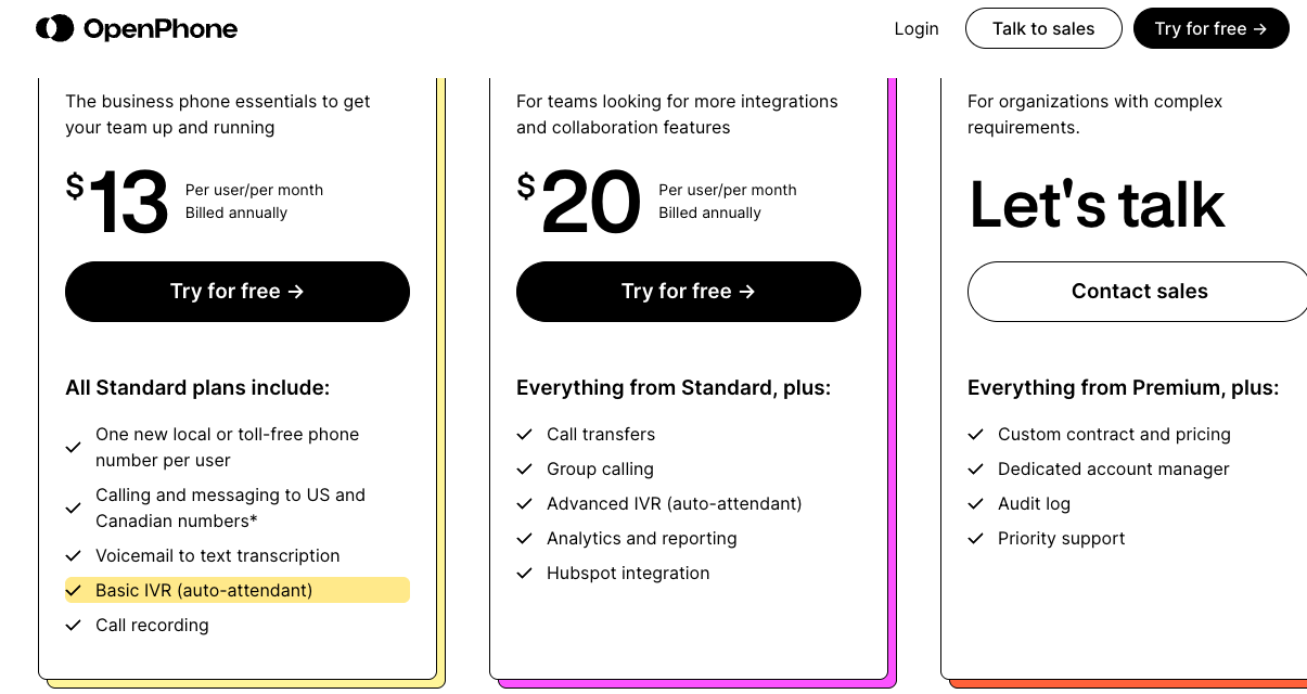 OpenPhone’s pricing page in December 2022: the $13 Standard plan includes Basic IVR (auto-attendant) and call recording.