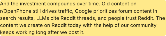 Quo’s blog: “Google prioritizes forum content in search results, LLMs cite Reddit threads, and people trust Reddit.”