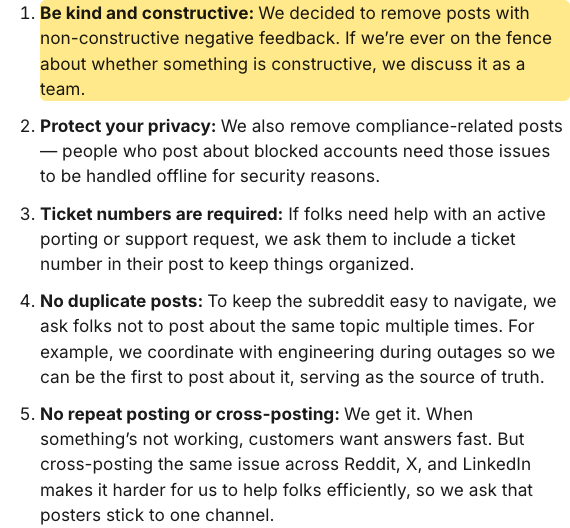 Quo’s blog lists its subreddit rules: remove non-constructive negative feedback, remove posts about blocked accounts, ticket numbers required.