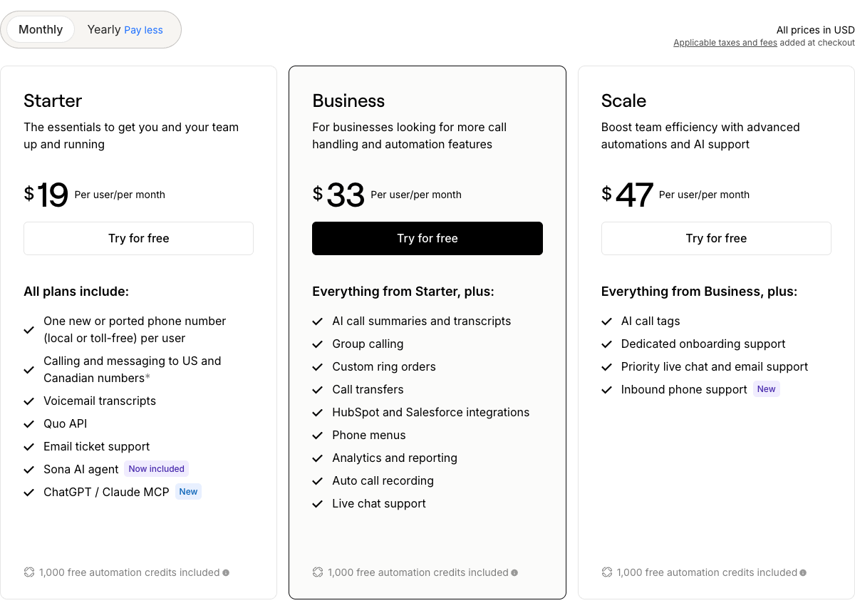 Quo’s pricing page today: Starter $19, Business $33, Scale $47 per user per month. Phone menus are on Business.