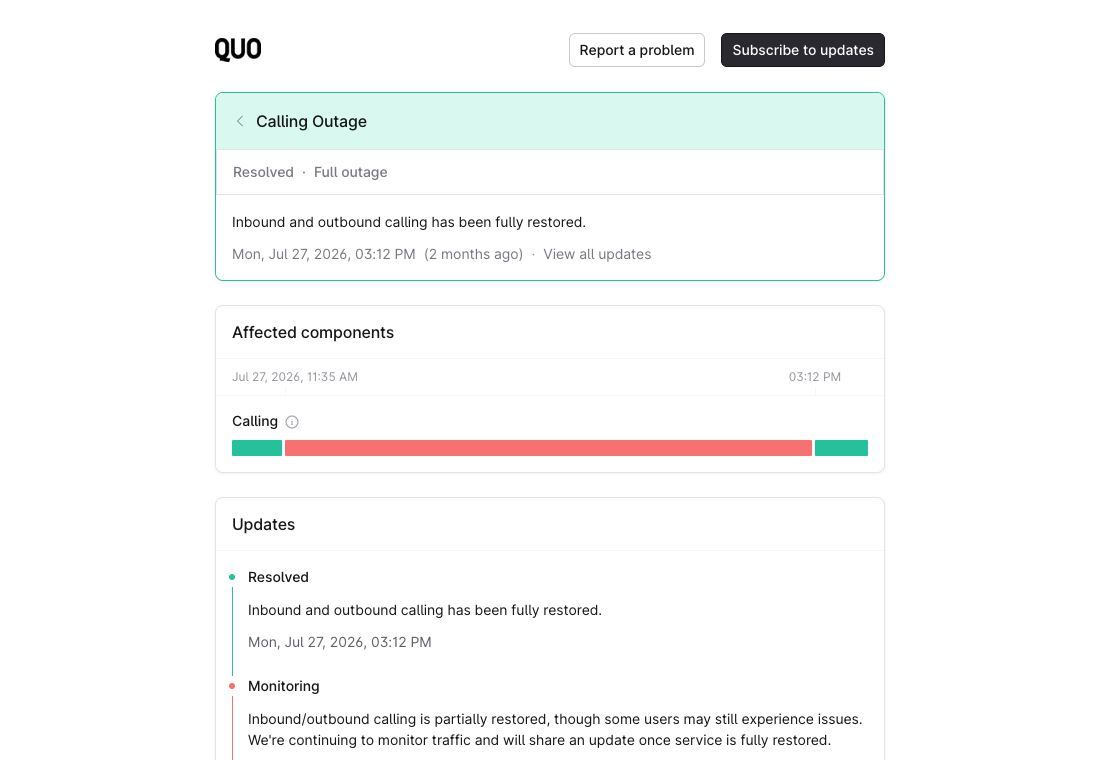 Quo’s status page: Calling Outage, full outage, July 27, 2026, 11:35 AM to 3:12 PM.