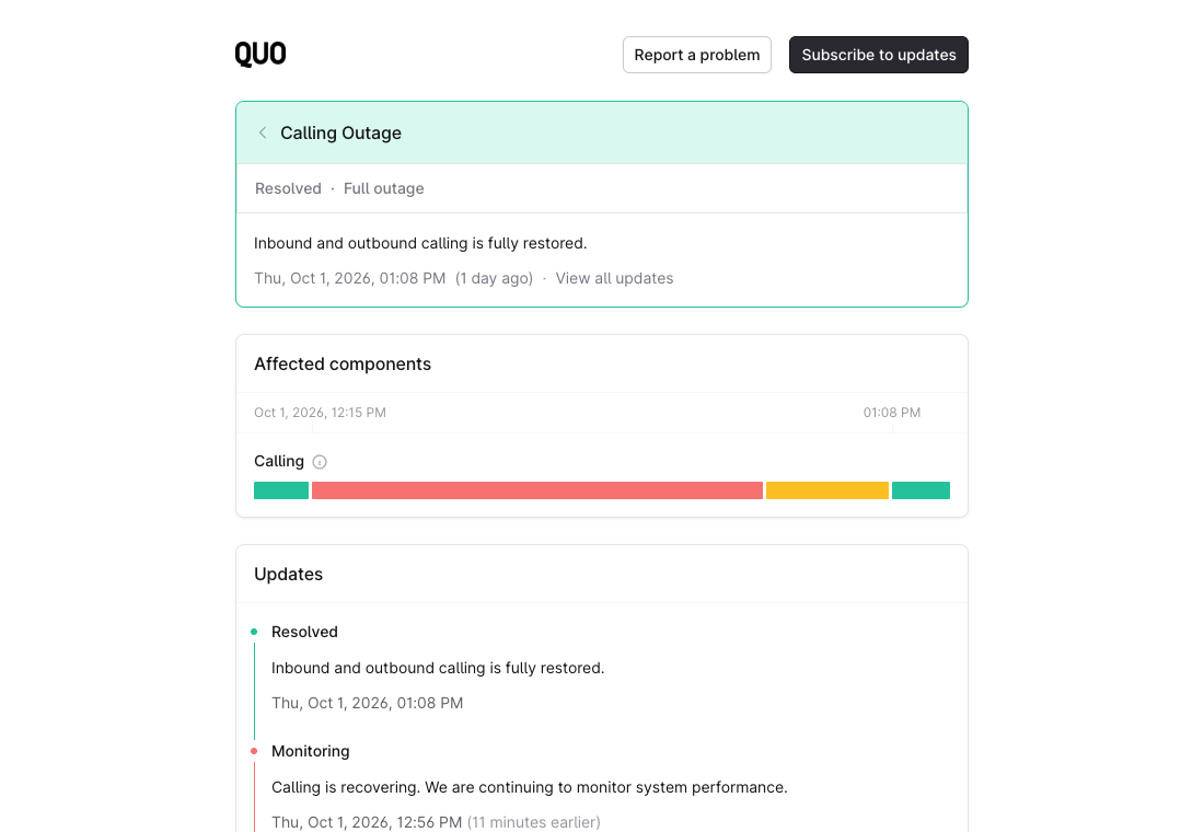 Quo’s status page: Calling Outage, full outage, October 1, 2026.