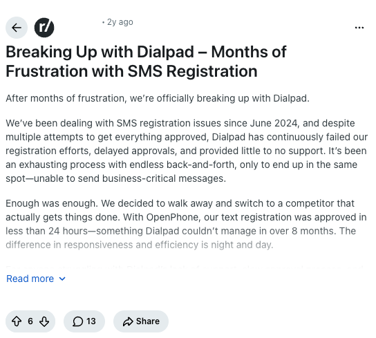 An r/dialpad post: breaking up with Dialpad after months of frustration with SMS registration.