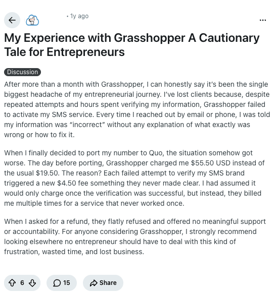 An r/VOIP post: Grasshopper charged $55.50 instead of $19.50 because each failed SMS verification added a $4.50 fee.