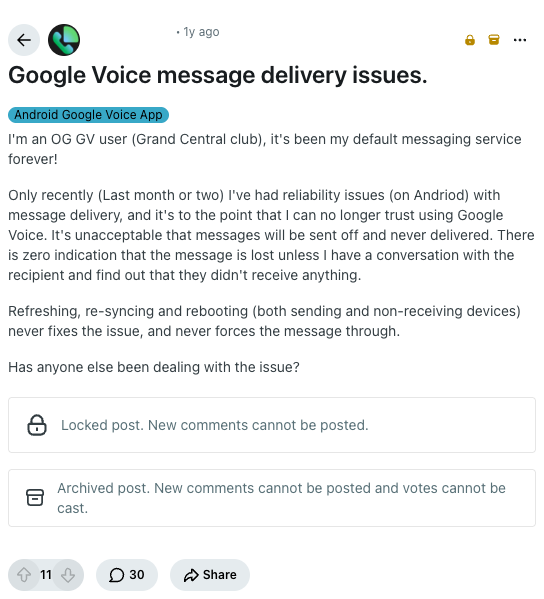 An r/googlevoice post: messages are sent and never delivered, with zero indication.