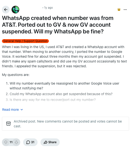 An r/googlevoice post: the account was suspended after three months, and the appeal was rejected.