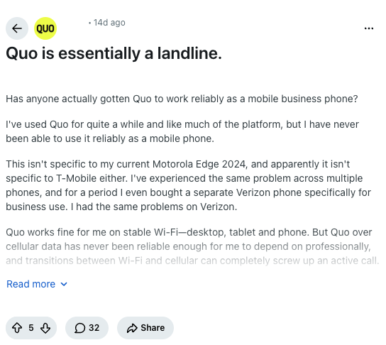 An r/quo post titled “Quo is essentially a landline.”