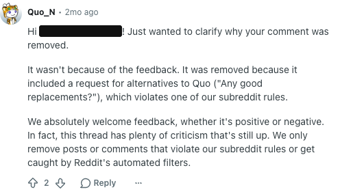 A Quo moderator: a comment was removed because it included a request for alternatives to Quo.