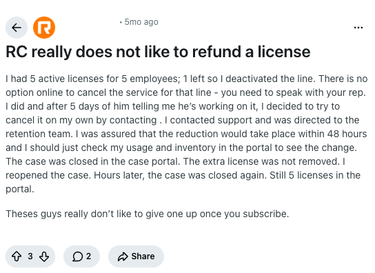 An r/RingCentral post: trying to remove one license, with the case closed twice.