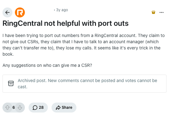 An r/RingCentral post: RingCentral not helpful with port outs.