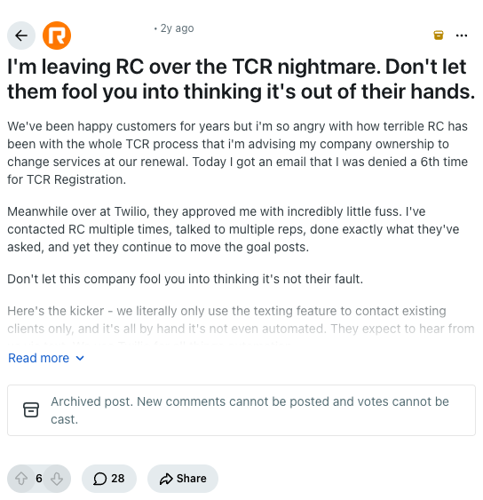 An r/RingCentral post: leaving RingCentral after being denied texting registration six times.