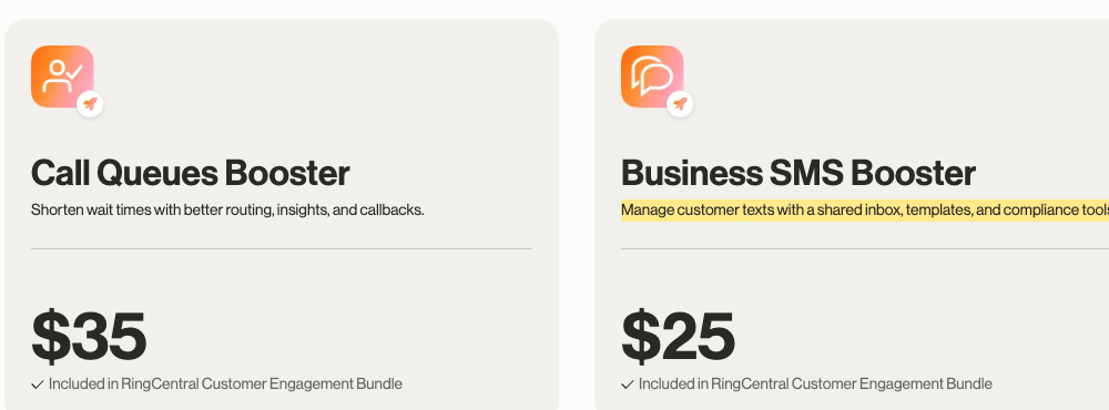 RingCentral add-ons: Business SMS Booster, “Manage customer texts with a shared inbox,” $25.