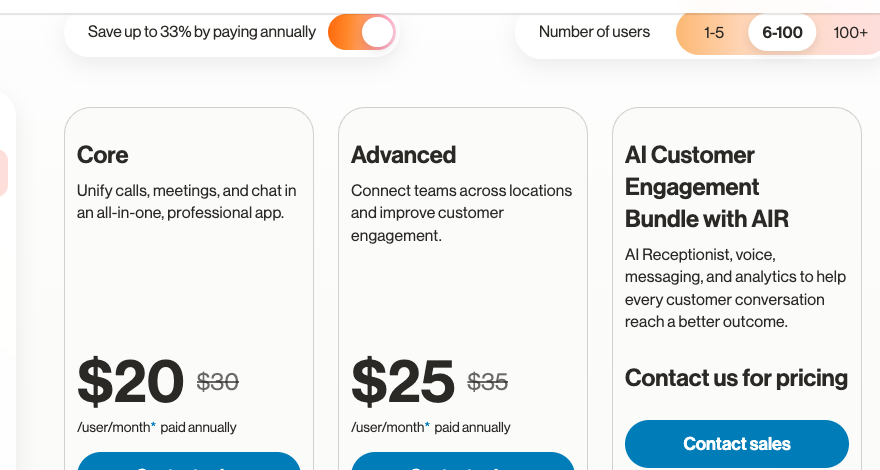 RingCentral pricing page: Core $20 and Advanced $25 per user per month paid annually, with $30 and $35 crossed out.