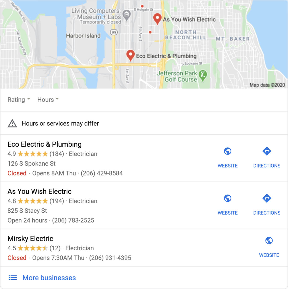 Google Map pack for electricians in Seattle