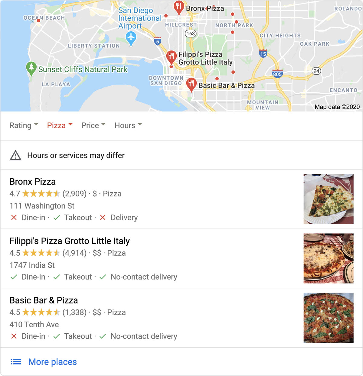 Google Map pack for pizza in San Diego